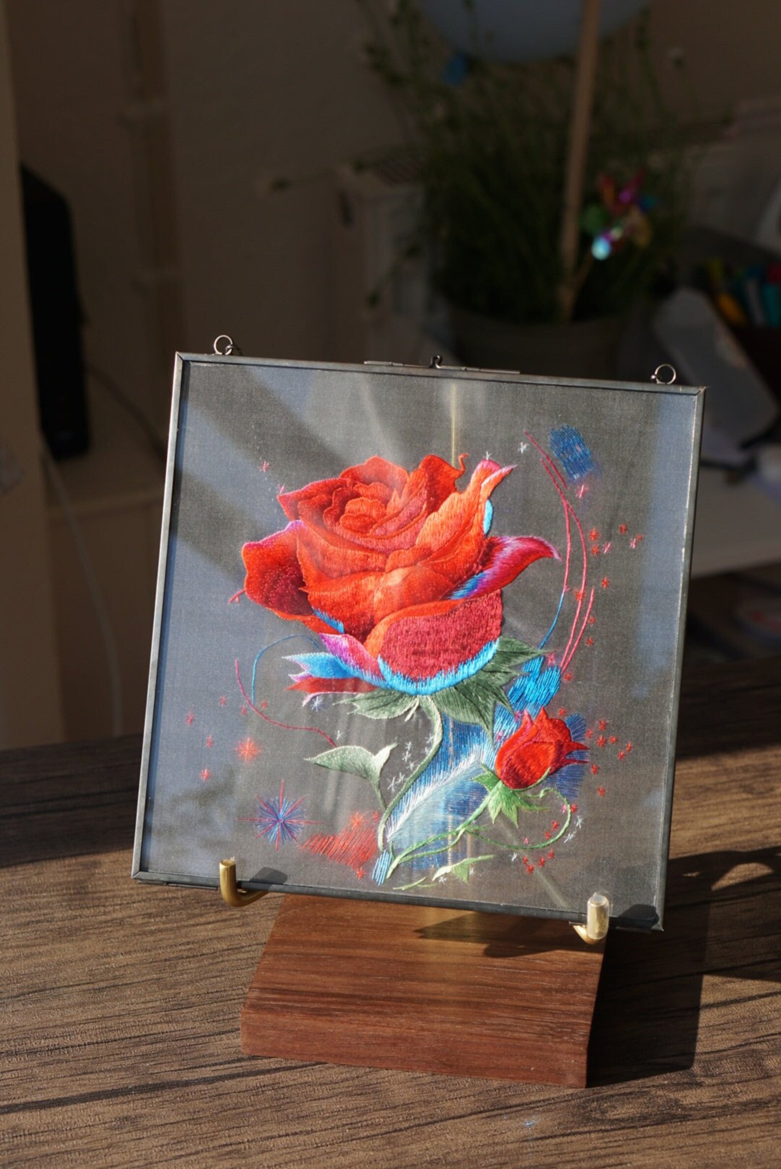 Big Red Rose Embroidery in Black Frame, Romantic Wall Decor, 20cm Wall ...