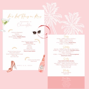 May include: A pink and white illustrated itinerary for a weekend trip to Charleston, South Carolina. The itinerary includes a list of activities for each day of the trip, including shopping, dining, and exploring. The itinerary also includes a dress code for each day, such as "Bright Attire" and "All White Attire".
