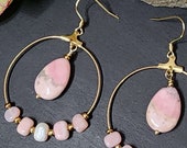 Pink Opal Hoop Earrings, Gemstone Hoop Earrings, Surgical Steel Earrings, Large Hoops, Gold Hoops, 40mm Hoops, Hypoallergenic, Beaded Hoops