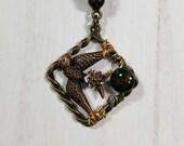 Two Tone Green Bloodstone and Sparrow Bird Necklace | India Bloodstone Pendant Protection Amulet Jewelry