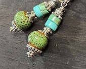 Green Turquoise Earrings, Small Boho Dainty Lightweight Dangle Earrings, Ceramic and Terra Jasper