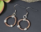 Rustic Copper Hoop Earrings, Geometric Earrings, Mixed Metal Earrings, Copper Earrings, Hypoallergenic Surgical Steel Posts