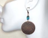 Large Copper Disc Earrings, 33mm Circle Earrings, Turquoise Earrings, Round Dangle Earrings, Lightweight Earrings