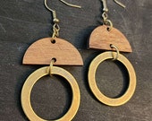 Modern Wood Earrings, Brass 27mm Circle Earrings, Boho Round Dangle Earrings