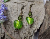 Green Heart Earrings, Bronze Heart Earrings, Lampwork Glass Earrings, Dangle Earrings, Handmade Earrings, Small Earrings