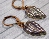 Purple Earrings, Glass Leaf Necklace, Artisan Earrings, Antiqued Bronze Boho Dangle Earrings