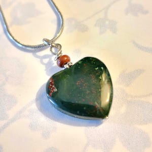 Green Bloodstone Heart Necklace Silver Chain, India Bloodstone Heart Pendant Protection Amulet Jewelry