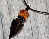 Baltic Amber with Black Obsidian Arrowhead Necklace For Men Women, Black Adjustable Length Cord Arrow Head Pendant for Men real Protection