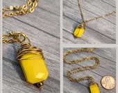 Yellow Glass Pendant, Opaque Glass Necklace, Boho, Brass Wire Wrapped, Earrings