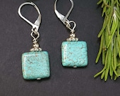 Turquoise earrings, Square Stone Silver leverback or french wire, Boho Earrings, Blue Dangle Earrings, Geometric Jewelry