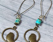 Long Boho Bird Earrings, Cute Earrings, Turquoise Earrings, Rustic Bird Earrings, Dangle Earrings, Bronze Bird Earrings