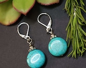 Turquoise earrings, Round Stone Silver leverback or french wire, Boho Earrings, Blue Dangle Earrings, Jewelry