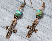 Small Cross Earrings, Boho Copper Earrings, Rustic Crosses, Dangle Earrings, Turquoise Patina Earrings, Mens Earrings, Womens Earrings