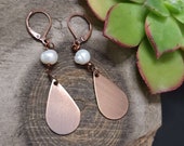 Pearl Earrings, Rustic Copper Earrings, Flat Teardrop Earrings, Handcrafted Dangle Earrings