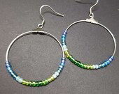 Ocean Hoop Earrings, Blue Green Large Hoops, 40mm Hoops, Boho Lightweight Earrings, Surgical Steel Earrings, Hypoallergenic, Beaded Hoops