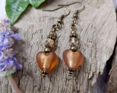 Light Rootbeer Heart Earrings, Bronze Heart Earrings, Lampwork Glass Earrings, Dangle Earrings, Handmade Earrings, Small Earrings Brown