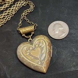 Large Bronze Heart Locket Necklace, Handmade Jewelry, Long Heart Photo Keepsake Necklace