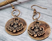 Boho Copper Earrings, Circle Earrings, Drop Earrings, Rustic Jewelry, Layered Earrings, Small Earrings