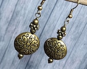 Handmade Bronze Earrings, Rustic Metal Bead Earrings, Handcrafted Dangle Earrings, Flat Round Circle Drop