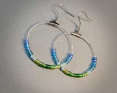 Blue Green Large Hoop Earrings, 40mm Beaded Hoops, Boho Lightweight Earrings, Surgical Steel Earrings, Hypoallergenic