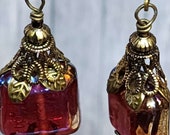 Vintage Fuchsia Pink Glass Earrings, Boho Arora Coated Bead Dangle Earrings for Women, Drop Earrings