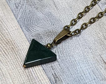 Green Bloodstone Triangle Pendant Necklace, Antique Bronze Minimalist Protection Amulet Jewelry