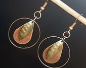 Mixed Metal Earrings, Handmade Copper Earrings, Teardrop Earrings with Leaf, Bronze Earrings, Cold Joined Jewelry, Layered Earrings