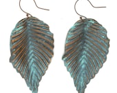 Turquoise Leaf Earrings | Copper Tone with Blue Green Patina Bohemian Leaf Earrings