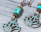 Lotus Flower Earrings, Boho Earrings, Turquoise Earrings, Copper Earrings, Dangle Earrings