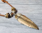 Earthy Arrow Head Pendant Necklace, Beaded Tribal Leather Necklace for Men, Maori style, Unisex Shaman Reiki Brown necklace