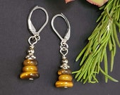 Silver and Tiger Eye earrings, leverback or french wire, Small Boho Earrings, Brown Dangle Earrings, Stone Jewelry