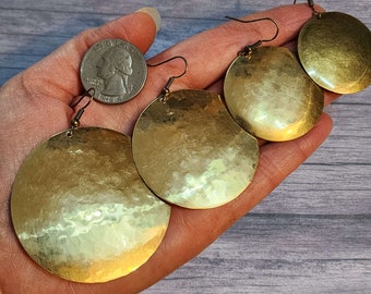 Large Gold Earrings, Choose a Size Circle Disc Hammered Domed Round Dangle Earrings, Lightweight Big Huge Earrings
