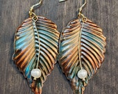 Artisan Colorful Leaf Earrings with Pearls, Boho Rustic Hand Painted Turquoise Leaf Earrings, Long Lightweight Dangle Drop Earrings Leaves