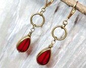 Long Red Glass Teardrop Earrings, Goth Boho Rustic Elegant Gold Bronze Jewelry