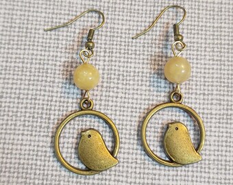 Boho Bird Earrings, Antiqued Bronze and Yellow Calcite Earrings, Rustic circle dangle Earrings