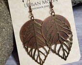 Large Copper Disc Earrings With Leaf, Autumn Fall Antiqued Brass 34mm Circle Earrings, Mixed Metal Round Dangle Lightweight Earrings