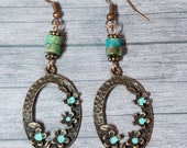 Boho Oval Earrings, Boho Copper Earrings, Floral Earrings, Turquoise Earrings, Flowers, Womens Dangle Earrings