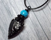 Small Black Obsidian Arrowhead and Turquoise Magnesite Necklace Arrow Head