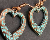 Boho Heart Earrings, Turquoise Heart Earrings, Dangle Heart Earrings, Little Heart Earrings, Copper Heart Earrings, Heart Jewelry