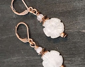 Pale Rose Quartz Carved Flower Earrings, Womens Earrings, Dangle Earrings, Handmade Jewelry