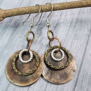 Mixed Metal Earrings, Circles Copper Earrings, Drop Earrings, Brass Silver Earrings, Cold Joined Jewelry, Layered Earrings