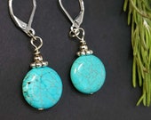 Cute Turquoise earrings, Flat Round Stones, Stainless Steel leverback or french wire, Boho Earrings, Blue Dangle Earrings, Jewelry