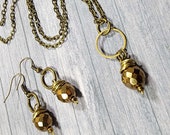 Circle and Faceted Bronze Glass Earrings Necklace Wire-wrapped Antiqued Bronze, Czech Glass Earrings