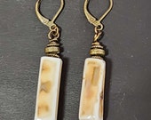 Cute Porcelain Earrings, Boho Handmade White and Brown Ceramic Earrings, Rectangular Dangle Earrings