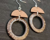 Modern Wood Earrings, 38mm Circle Earrings, Brown Boho Round Dangle Earrings, Stainless Steel Ear Wires