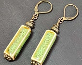 Cute Green Earrings, Long Ceramic Earrings, Handmade Clay Earrings, Boho Bead Earrings, Green Dangle Earrings for Women Drop Earrings