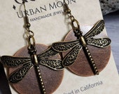 Mixed Metal Dragonfly Earrings, Bronze Dragonflies Copper Moon, Large Disc Earrings, 33mm Circle Earrings, Dangle Earrings