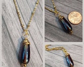 One Off - Purple Glass Teardrop Pendant, Transparent Glass Necklace, Boho, Brass Wire Wrapped, Goth