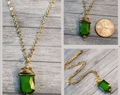 Green Glass Pendant, Transparent Glass Necklace, Boho, Brass Wire Wrapped, Earrings