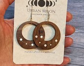 Retro Wood Circle Earrings with Metal Inlays, 36mm Circle Earrings, Big Large Round Dangle Earrings